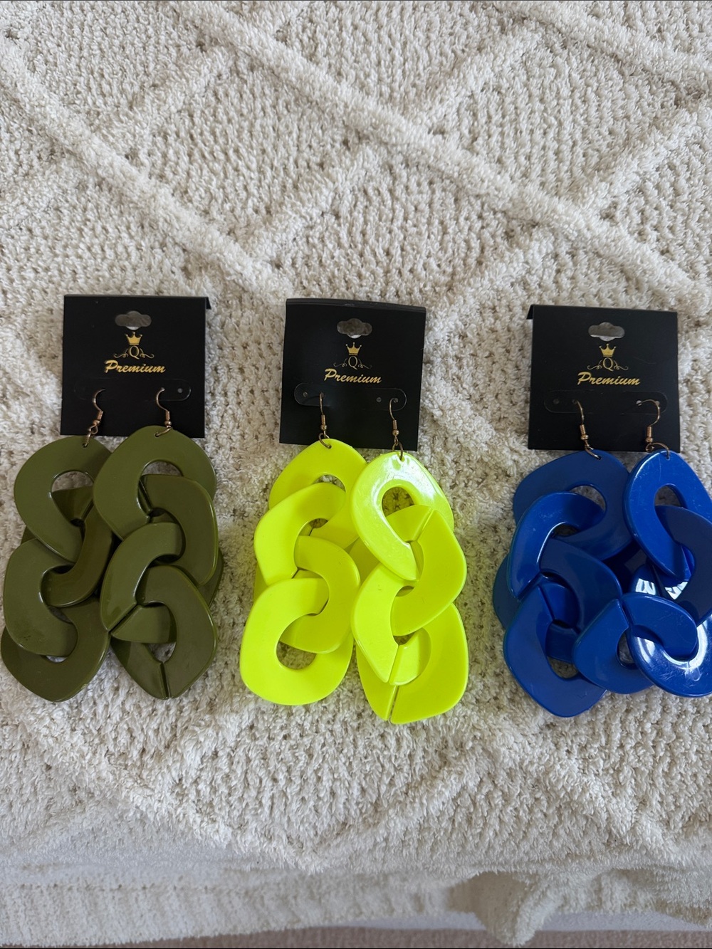 Linked Drop Earrings - Neon Yellow, Olive, and Blue